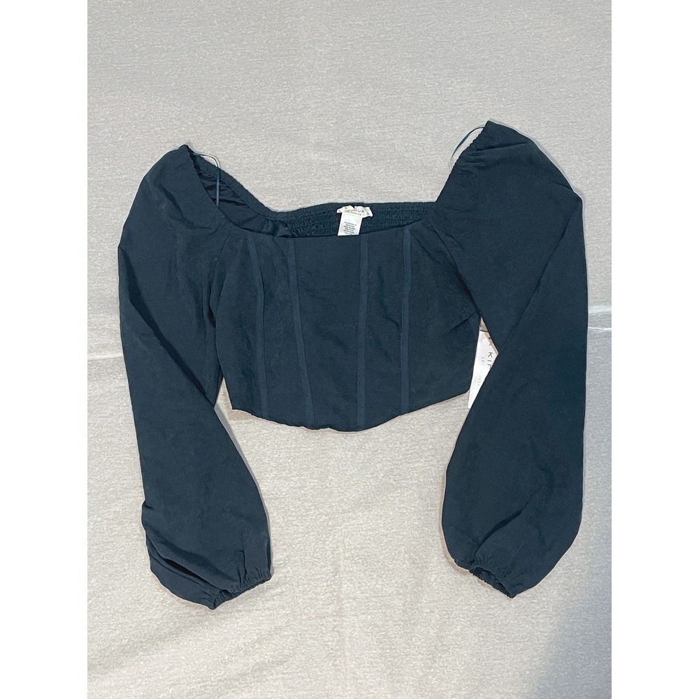 NWT Kirious Blue Green Long Puff Sleeve Corset Square Neck Crop Top Sz L